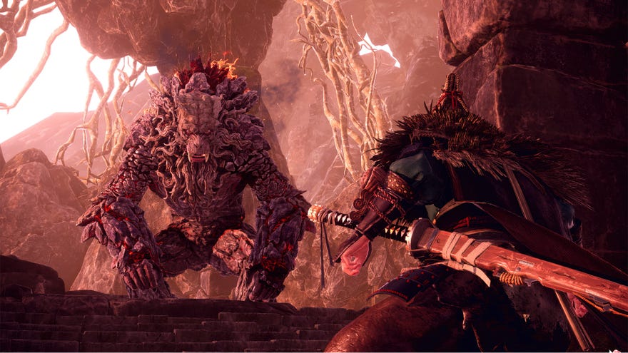 A Lavaback Kemono bears down on a player with a Katana in Wild Hearts.