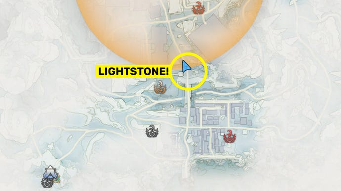 Part of the map of Fuyufusagi Fort in Wild Hearts, with the location of some Lightstone marked.