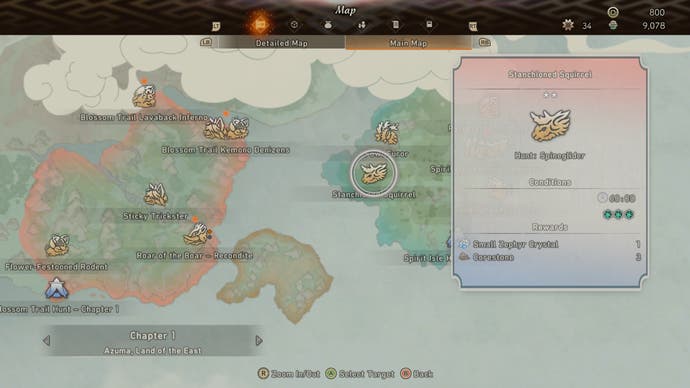 Wild Hearts review - the in-game map, highlighting the Hunt: Spineglider quest on one of three islands