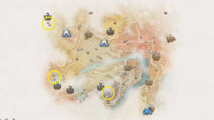 A map of Akikure Canyon in Wild Hearts, with the locations of Nightshade Monitors highlighted.