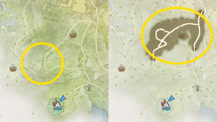 Two maps side by side of the same location in Wild Hearts, above and below ground. The locations of high concentrations of Ore are highlighted.