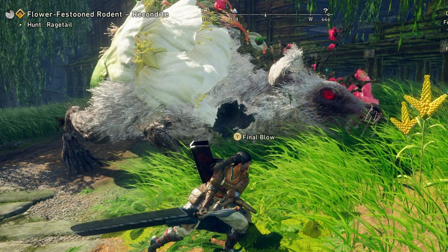 The player in Wild Hearts prepares to deliver the final blow to a Ragetail.