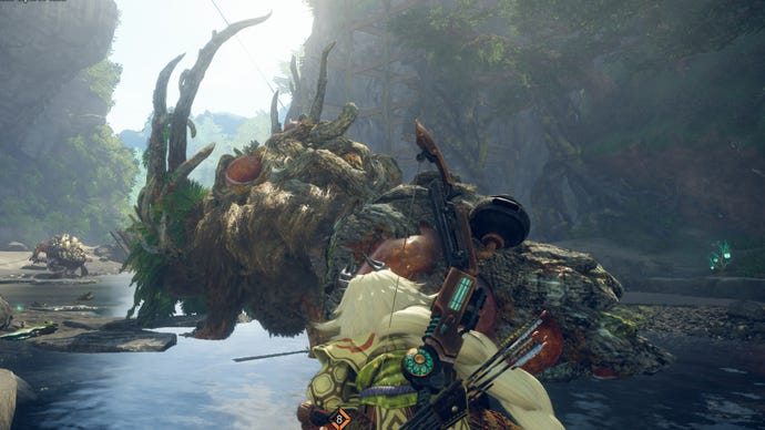 The player in Wild Hearts sneaks up on a Sapscourge in a river.