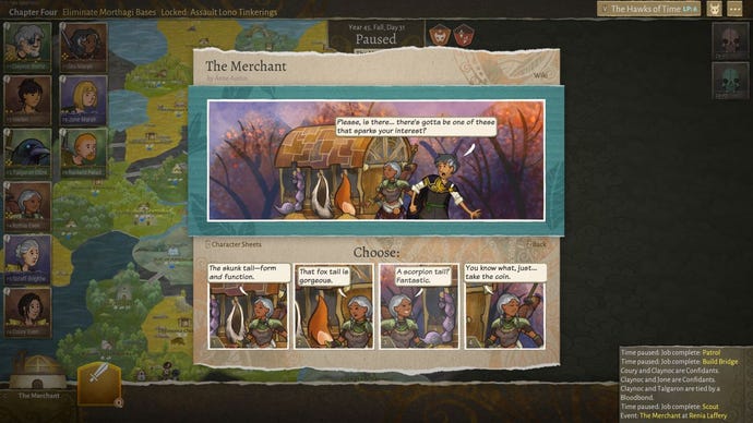 A character in Wildermyth choosing what to trade for from four objects in a merchant’s caravan - a skunk tail, a fox tail, a scorpion tail or just money