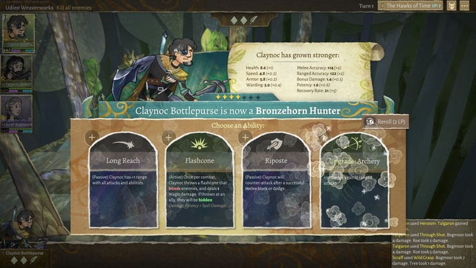 A character levelling up and getting access to new skills in Wildermyth