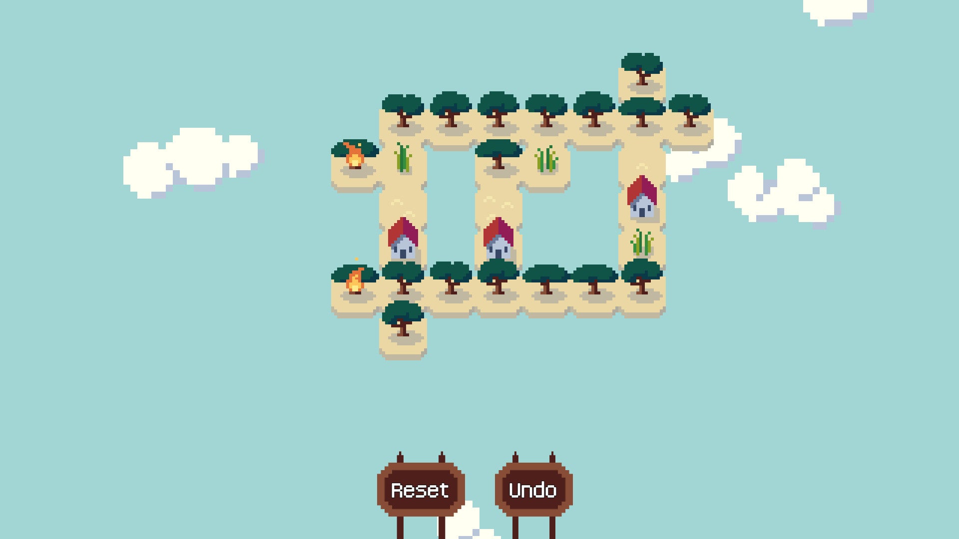 Wildfire Swap - A board of connected tiles each have trees or houses or grass on them, some which have caught on fire.