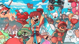 A group of bubbly cartoon characters take part in a brawl in a winterscape in Wildfrost
