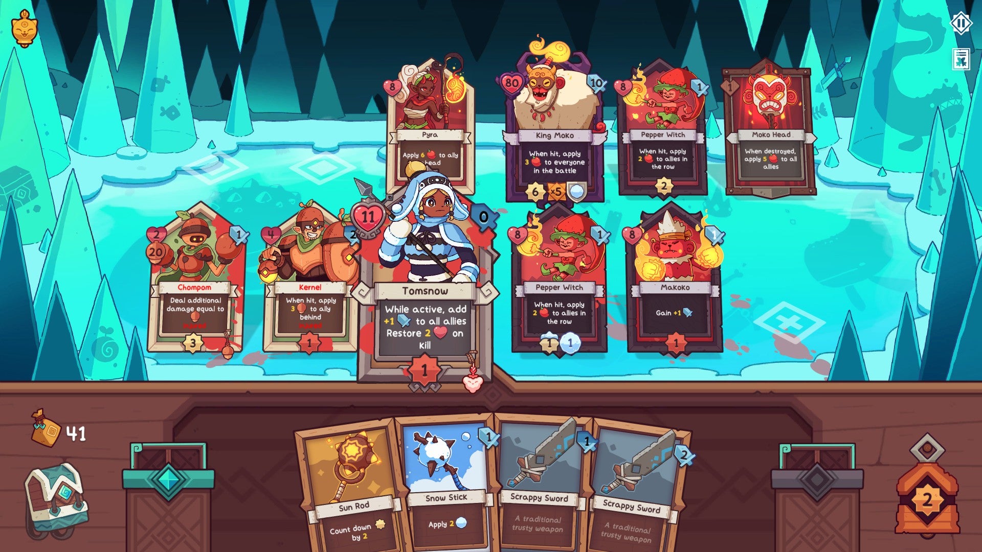 The card game Wildfrost in action. There are two rows of colourful characters facing off against each other.