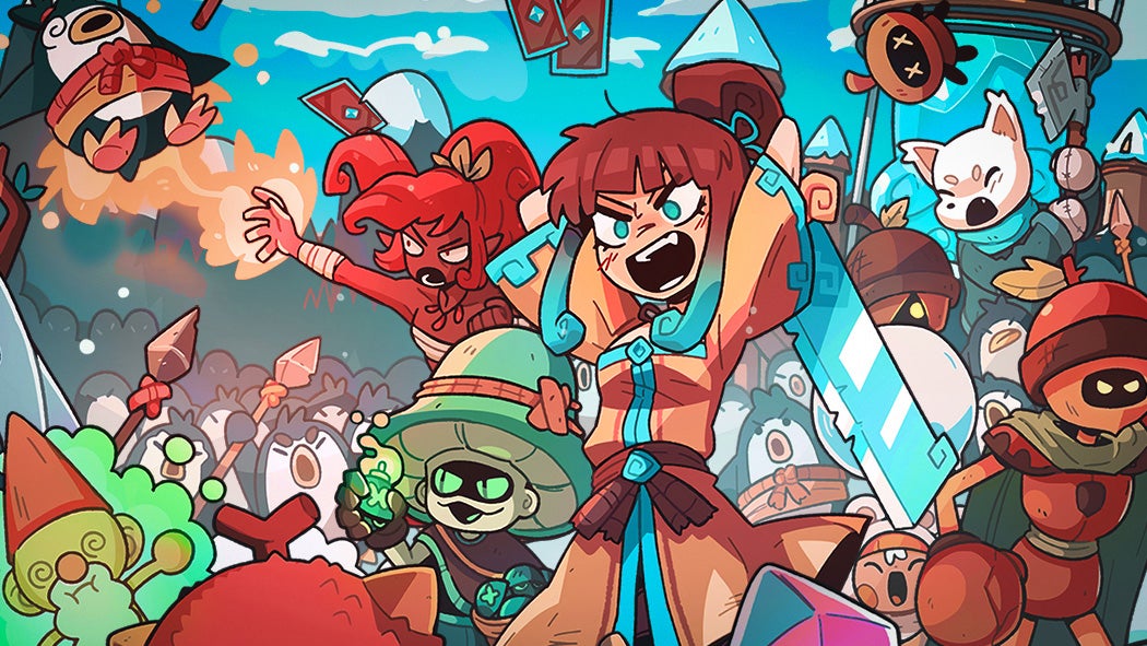 A very colourful, to the camera action battle scene, with cartoon characters fighting wherever you look.