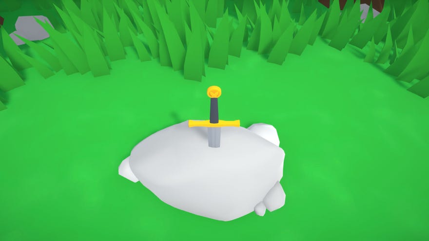 A picture of a sword in a stone.