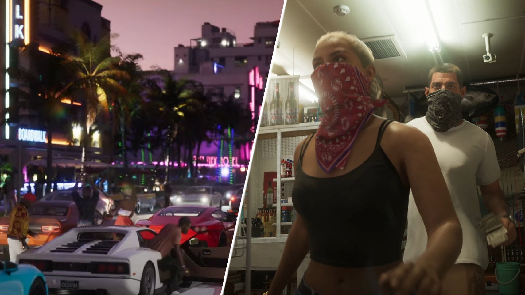 GTA 6's two protagonist alongside a street of expensive cars in GTA 6. - 1