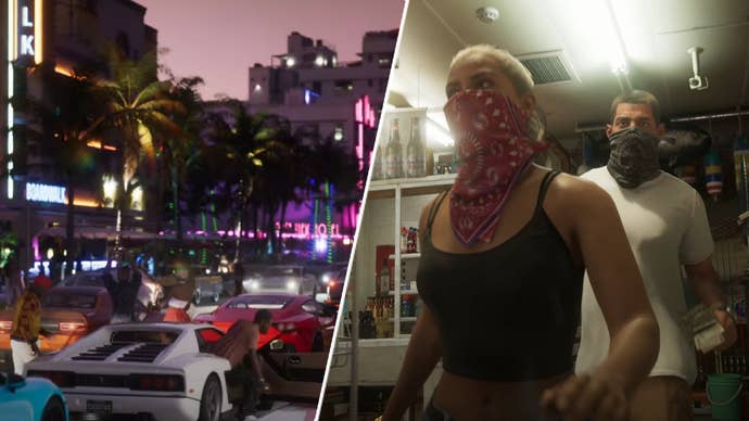 GTA 6’s two protagonist alongside a street of expensive cars in GTA 6.