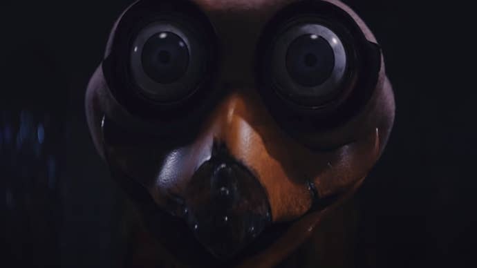 An emu animatronic stares into the camera in Willy’s Wonderland