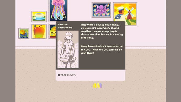 The postwoman arrives and makes small talk with Wilmot.