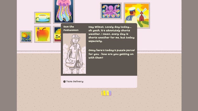 The postwoman arrives and makes small talk with Wilmot.