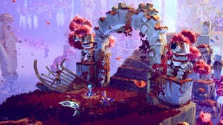 A screenshot from Windblown showing three adventurers standing before a huge stone arch in a colourful fantasy world.