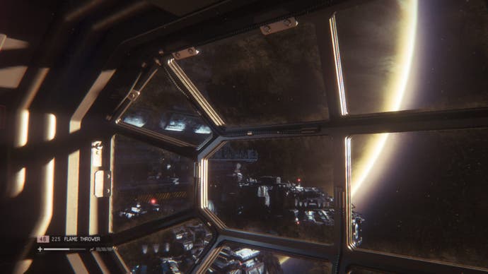Alien: Isolation screenshot showing a view out indo space from a shadowy, retro-future window