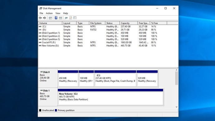 A screenshot of the Disk Management tool in Windows 10, showing the system’s storage drives.