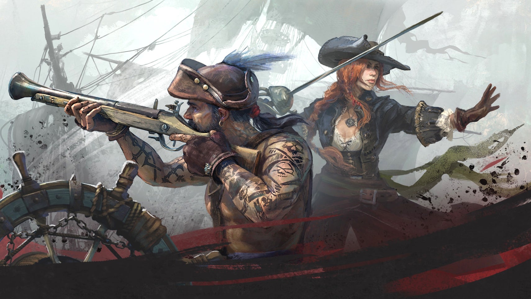 Official Windrose concept art showing two pirates assisting each other in battle on the deck of a ship.