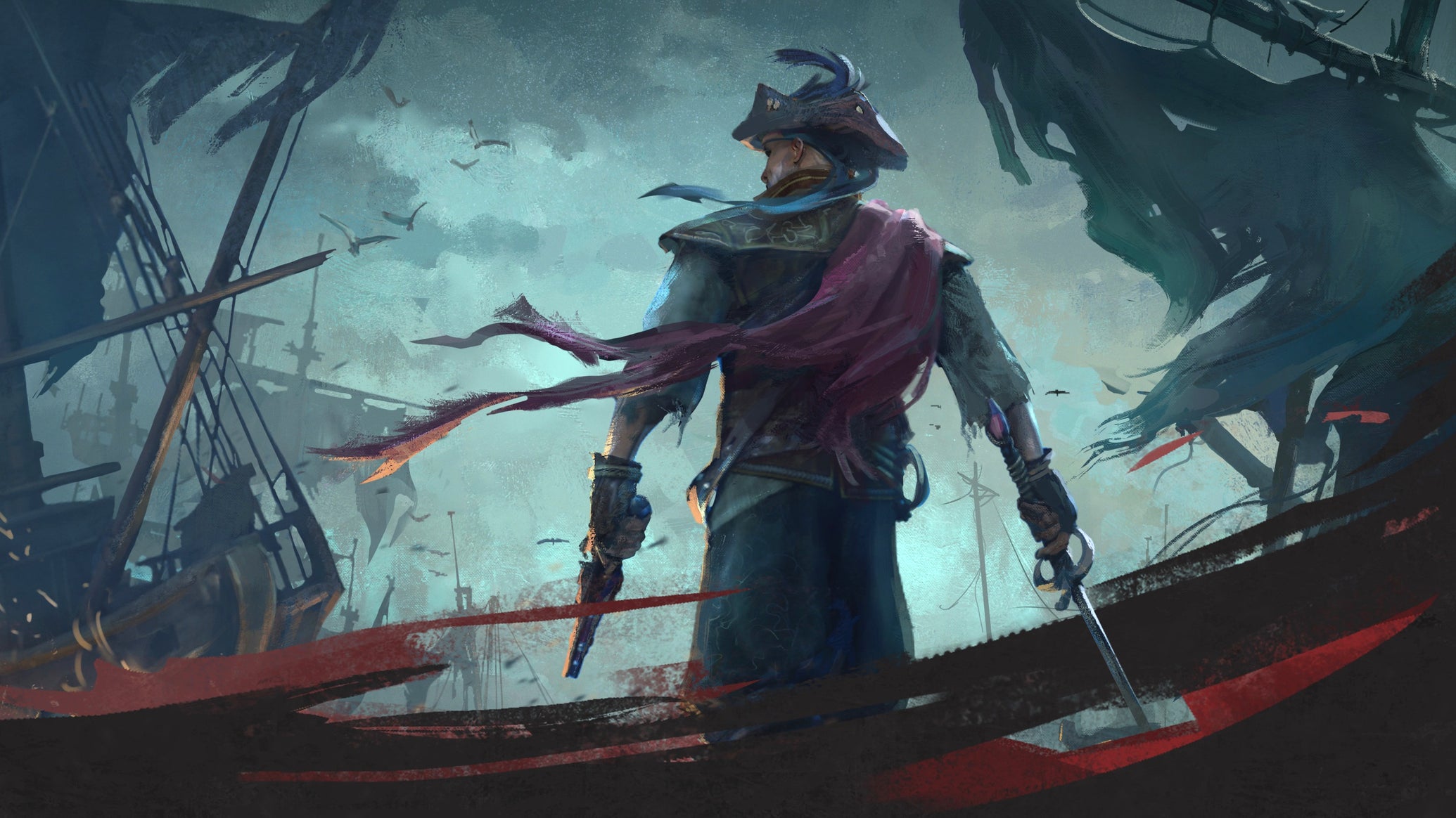 Windrose artwork showing a pirate with his back toward the viewer, as he stands against a storm-clouded sky amid the ravaged remains of ships.
