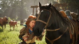 The player character brushes heads with a horse in Windstorm: The Legend of Khiimori