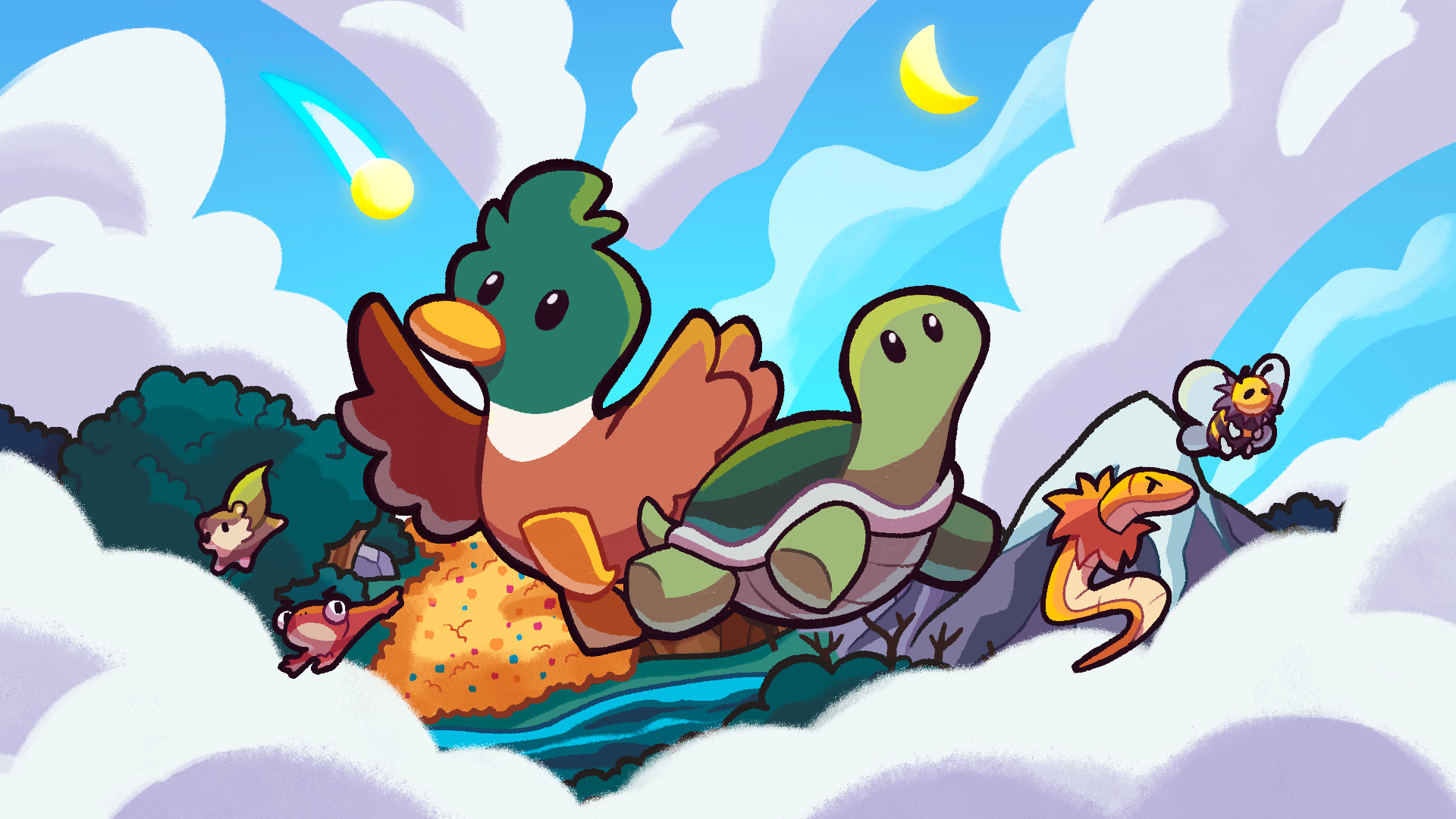 Artwork of a duck and turtle flying through the sky in Windswept