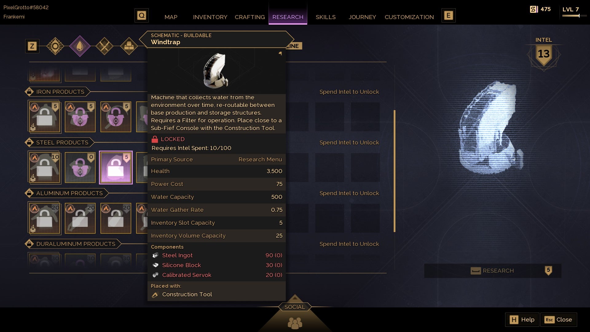 A menu showing a Windtrap, a large mechanism that can passively take water from the environment in Dune Awakening. - 8