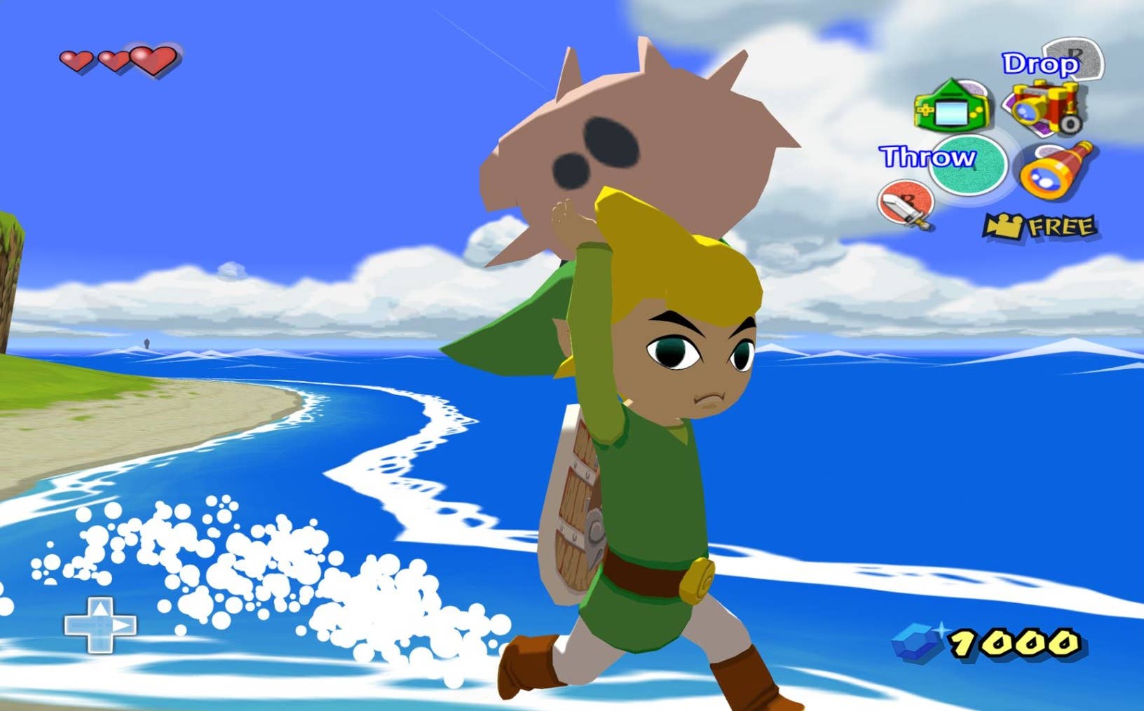 Screenshot of Zelda: The Wind Waker running on Dolphin emulator. Link runs off the beach into the water, carrying a pig over his head and looking at the camera with a frown on his face