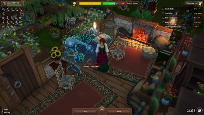 A shopkeeper stands by an alchemy table while ingredients grow outside in Winkeltje: The Little Shop