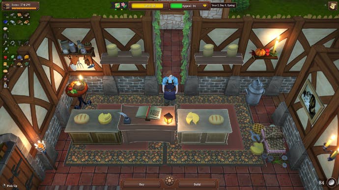 A shopkeeper stands by shelves of bread, grain, and cheese in Winkeltje: The Little Shop