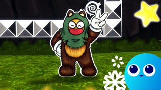 Screenshot of Ruffy and the Riverside showing Ruffy bear character smiling with two fingers in the air