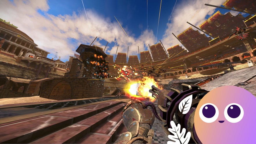 A first-person view of a guy firing a big silly gun at robot enemies in a huge high tech Roman arena, with Gamer Network’s Wishlisted logo on the bottom right