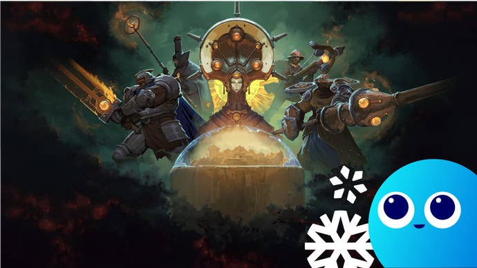 Key art for As We Descend, showing a mechanical woman surrounded by armoured warriors looking over a city domed with a forcefield