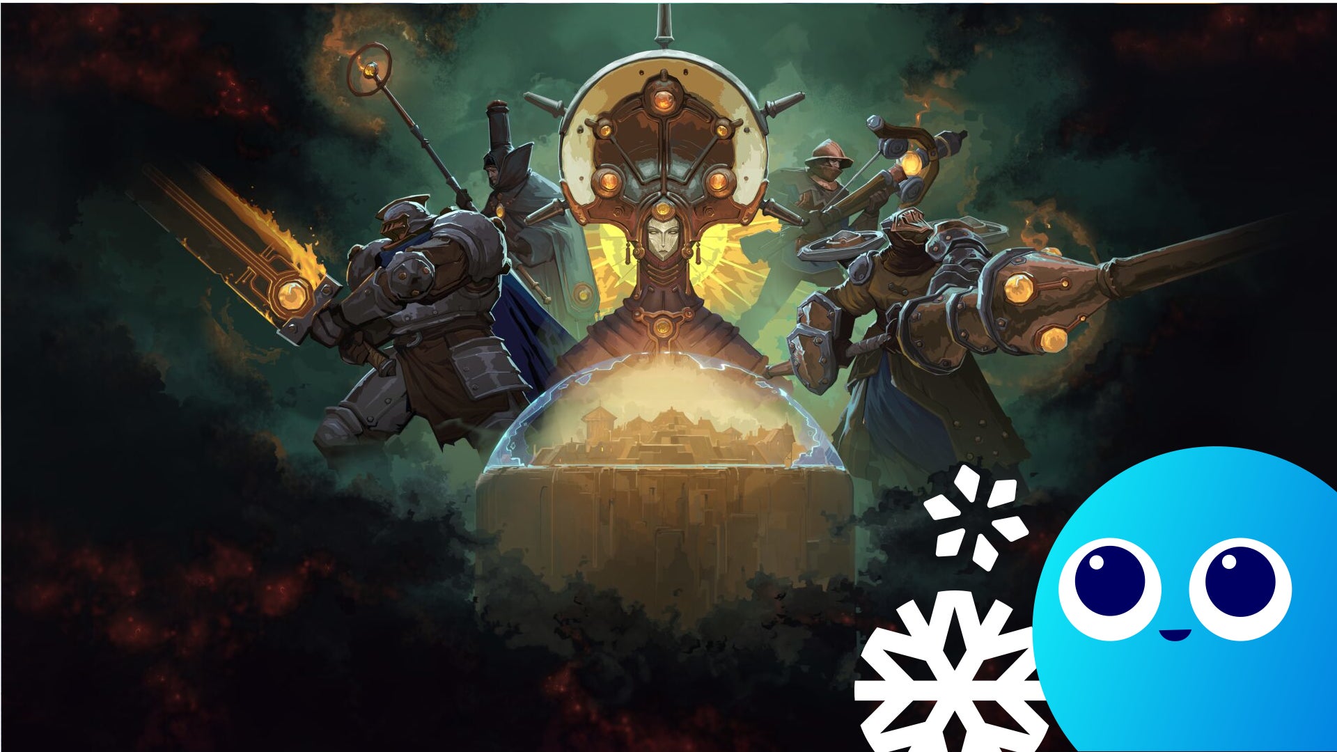 Key art for As We Descend, showing a mechanical woman surrounded by armoured warriors looking over a city domed with a forcefield - 1