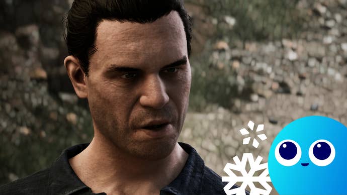 The black-haired jowly white male protagonist of the Gothic Remake prologue, talking to somebody out of view with the blue Wishlisted mascot in the bottom right