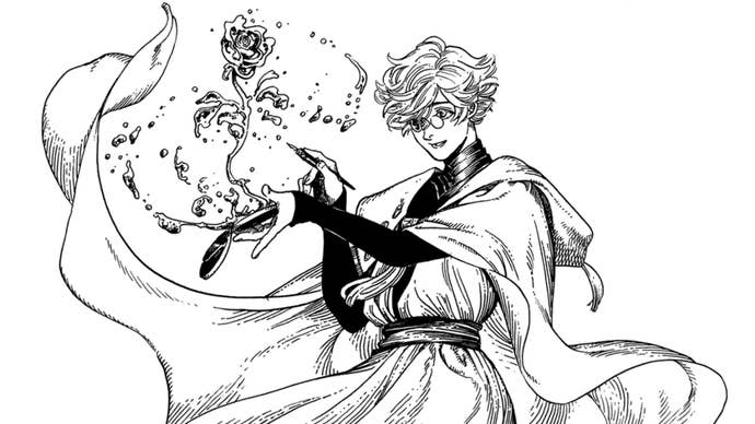A 2D drawing of a man with white fluffy hair wearing a fluffy robe, a flower made of ink coming out of a pad he's holding in Witch Hat Atelier.