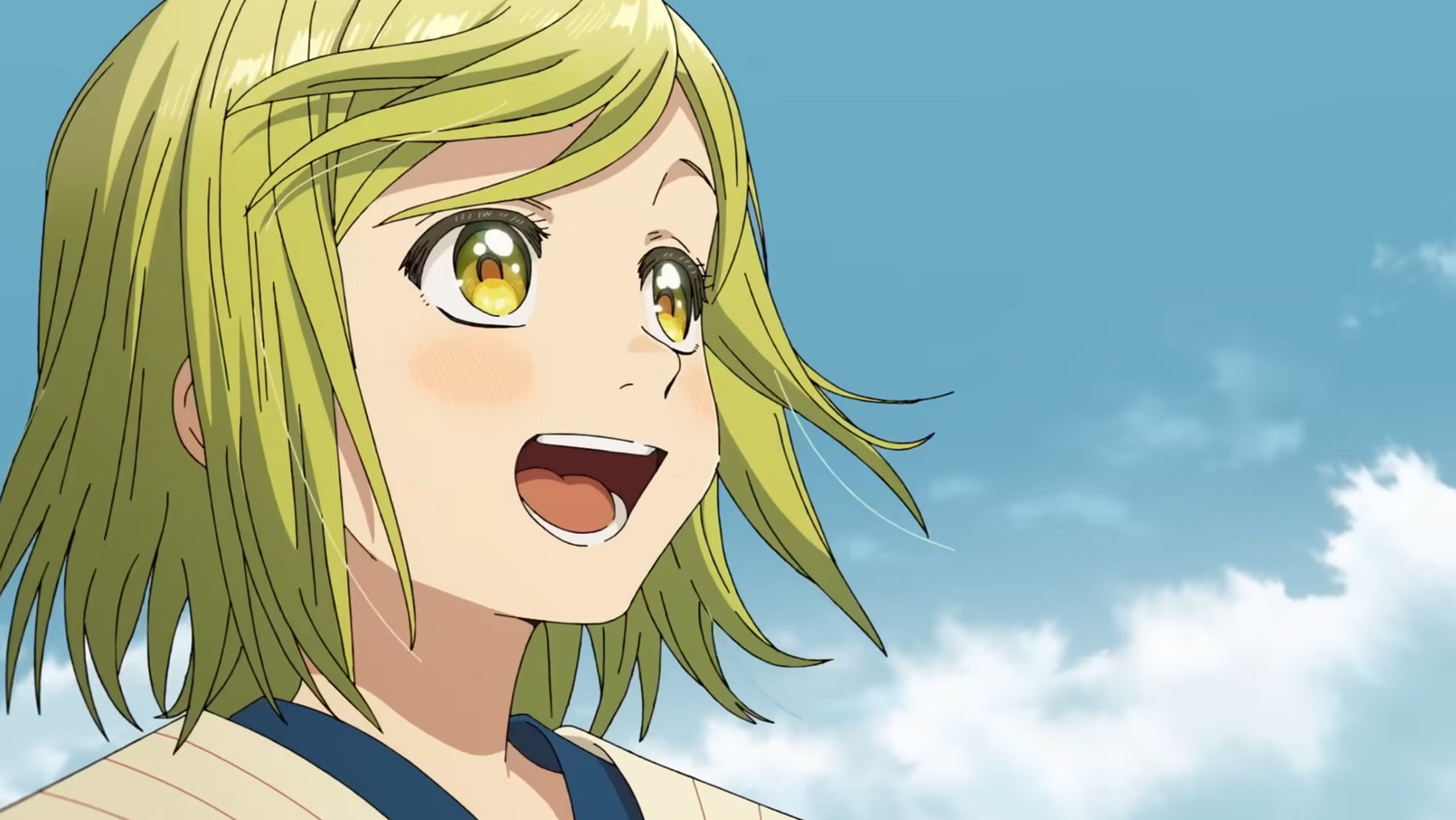 A young girl with grassy green hair and golden eyes is stood smiling, blue sky behind her in Witch Hat Atelier. - 1