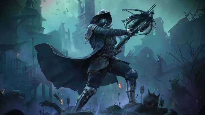 The Witch Hunter in Path of Exile 2 stands in front of a gothic dark backdrop, with his crossbow ready to fire at all manner of dark beast.