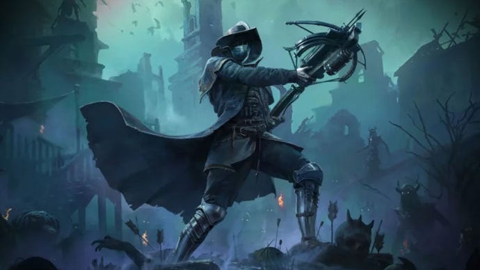 El Cazador de Brujas en Path of Exile 2 se encuentra frente a un fondo gótico oscuro, con su ballesta lista para disparar a todo tipo de bestias oscuras.