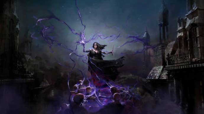 The Witch stands over a group of skeletal minions, purple energy spiraling from her hand, in this artwork from Path of Exile 2.