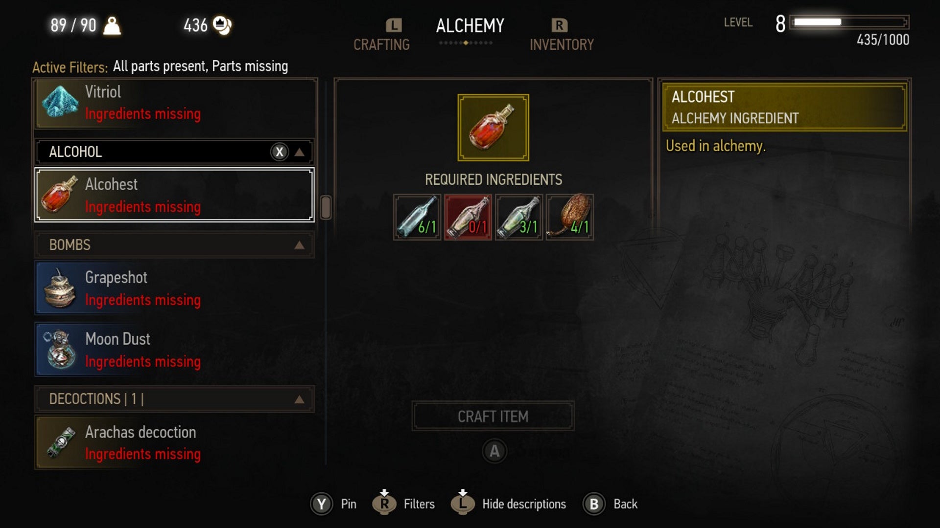 Witcher 3 alchemy: A menu image is shown, depicting several alchemy items. The cursor highlights Alcohest, a craftable item used to replenish potions - 5