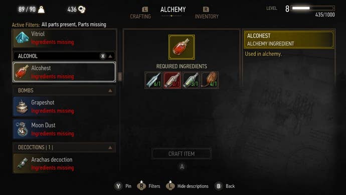 Witcher 3 alchemy: A menu image is shown, depicting several alchemy items. The cursor highlights Alcohest, a craftable item used to replenish potions