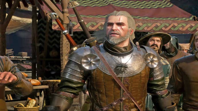 The Witcher 3 best abilities: A white man with shoulder-length grey hair and a short grey beard is standing in the middle of a busy marketplace, near a wooden stall selling bread. He’s wearing plate mail on his shoulders and a leather jerkin underneath