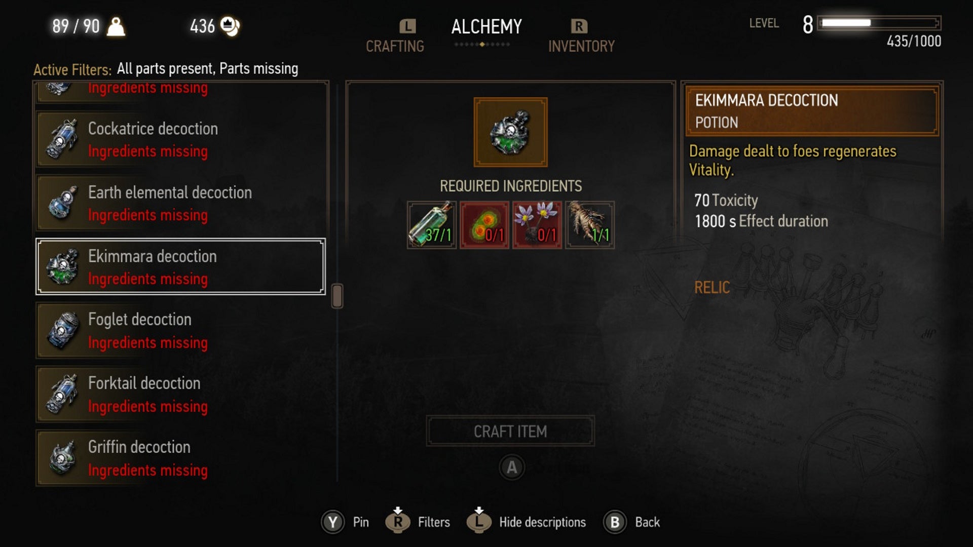 Witcher 3 alchemy: A menu image is shown, with the cursor highlighting the Ekimmara Decoction, an item used to drain health from enemies while Geralt attacks them - 4
