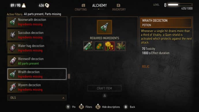 Witcher 3 alchemy: A menu image is shown, with the cursor highlighting the Wraith Decoction, a craftable item that generates a shield when Geralt takes damage