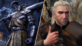 Geralt in The Witcher 2 next to an enemy in Elden Ring Shadow of the Erdtree.
