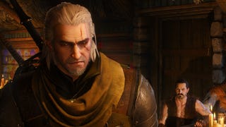 Witcher 3 screenshot showing close up of Geralt looking sad stood in a tavern