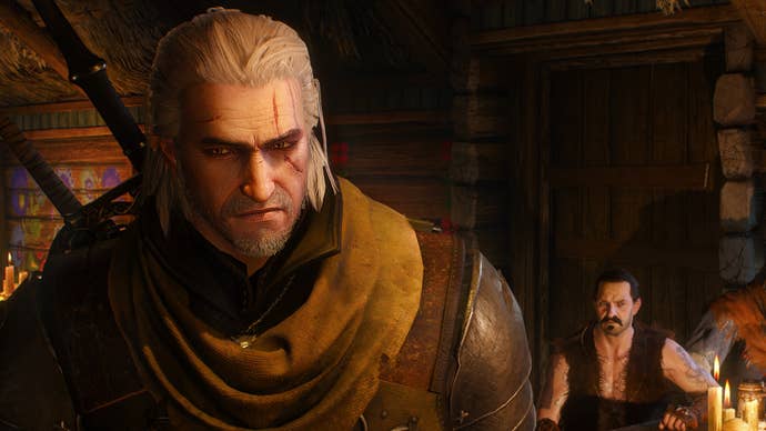 Witcher 3 screenshot showing close up of Geralt looking sad stood in a tavern