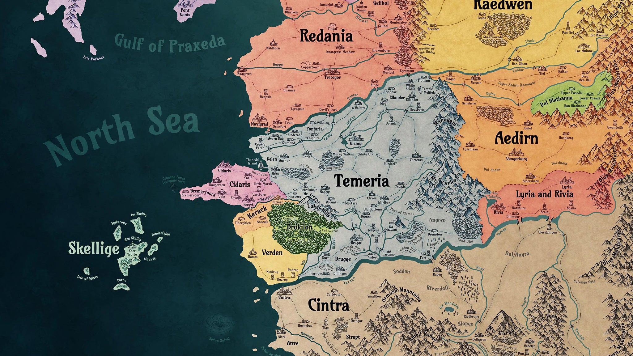 A map with colour coded regions showing a coastal side of a continent in The Witcher world, which is coincidentally known as The Continent.