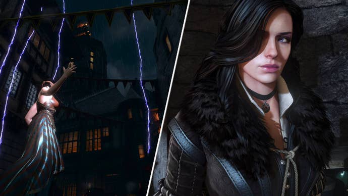 Yennefer in The Witcher 3: Wild Hunt next to the player spellcasting as Phillippa Eilhart.